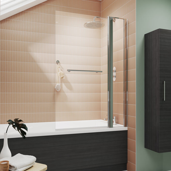 Select 6mm Glass Square Bath Screen with Fixed Return Panel and Towel Rail - 1433mm x 998mm - Chrome