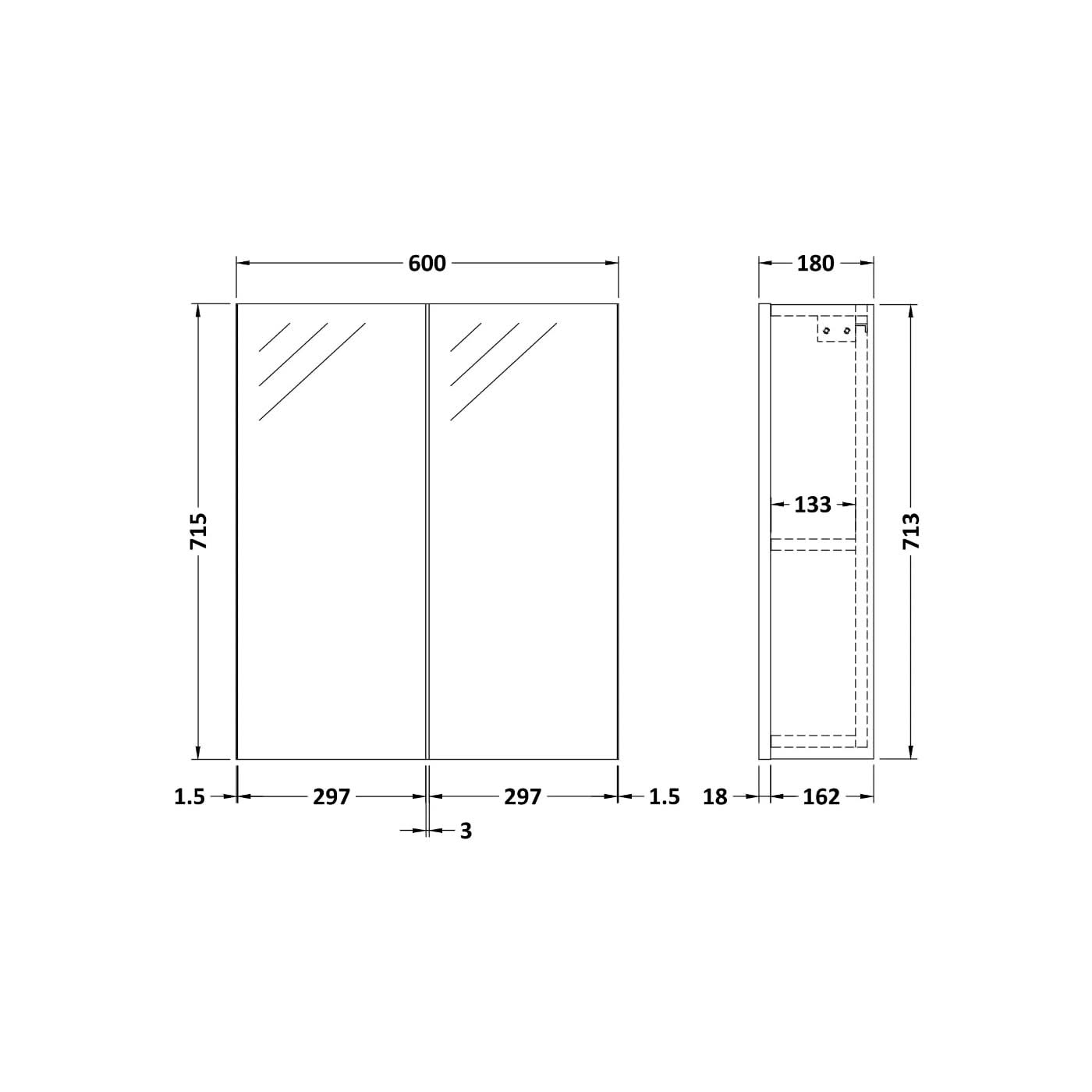 Onyx 2 Door Non Illuminated Mirror Cabinet - 715mm x 600mm