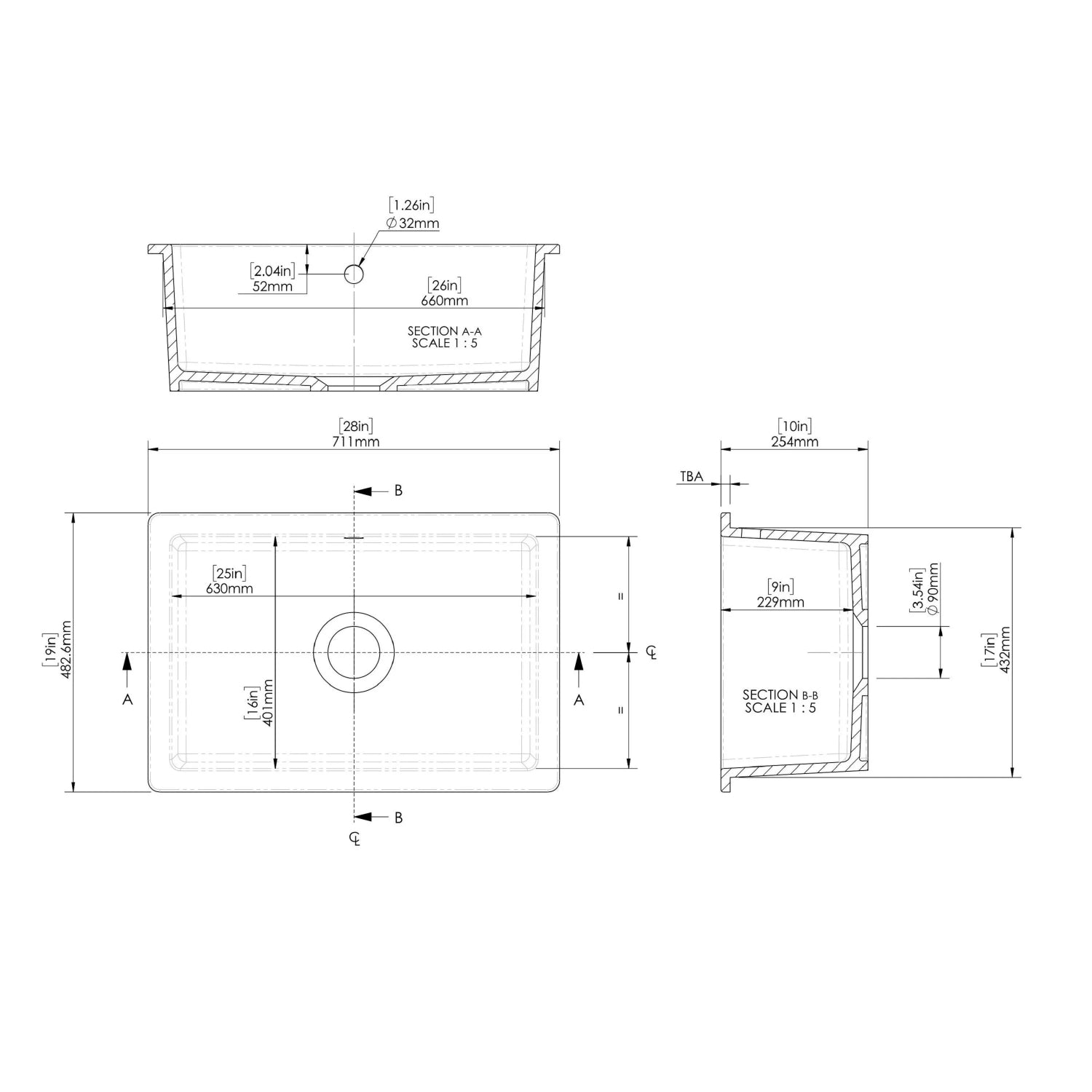 Nuie Single Bowl Rectangular Inset Sink With Central Waste And Overflow - White