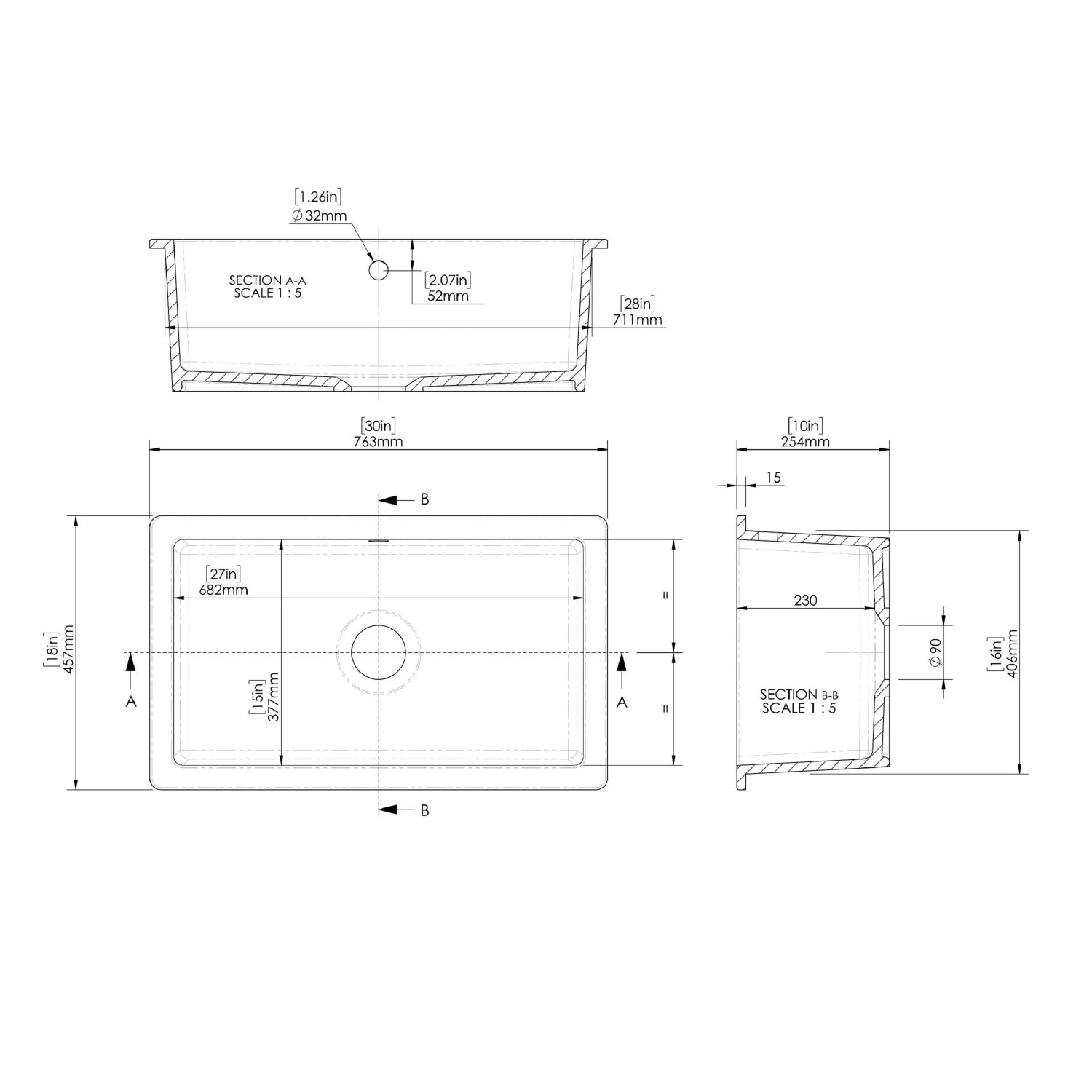 Nuie Single Bowl Rectangular Inset Sink With Central Waste And Overflow - White