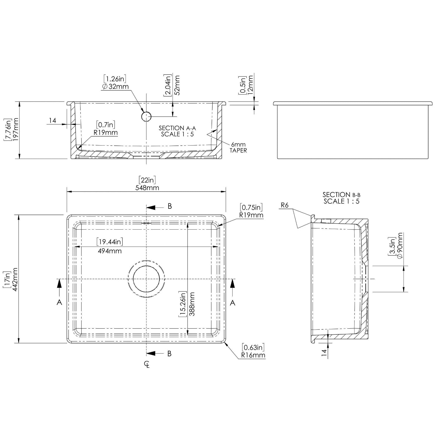 Nuie 548mm Single Bowl Rectangular Inset Sink With Central Waste And Overflow