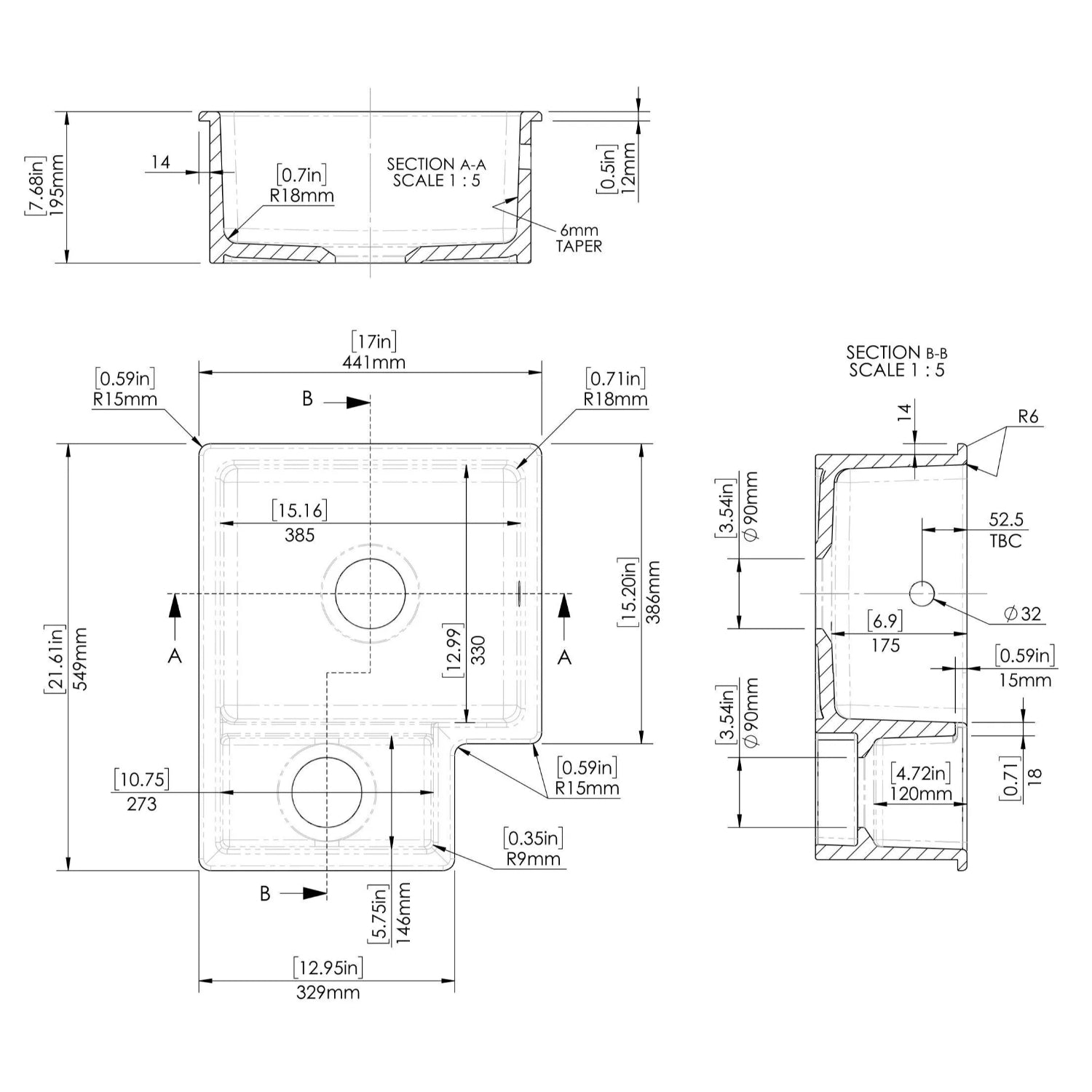 Nuie 579mm 1.5 Bowl Rectangular Inset Sink - White