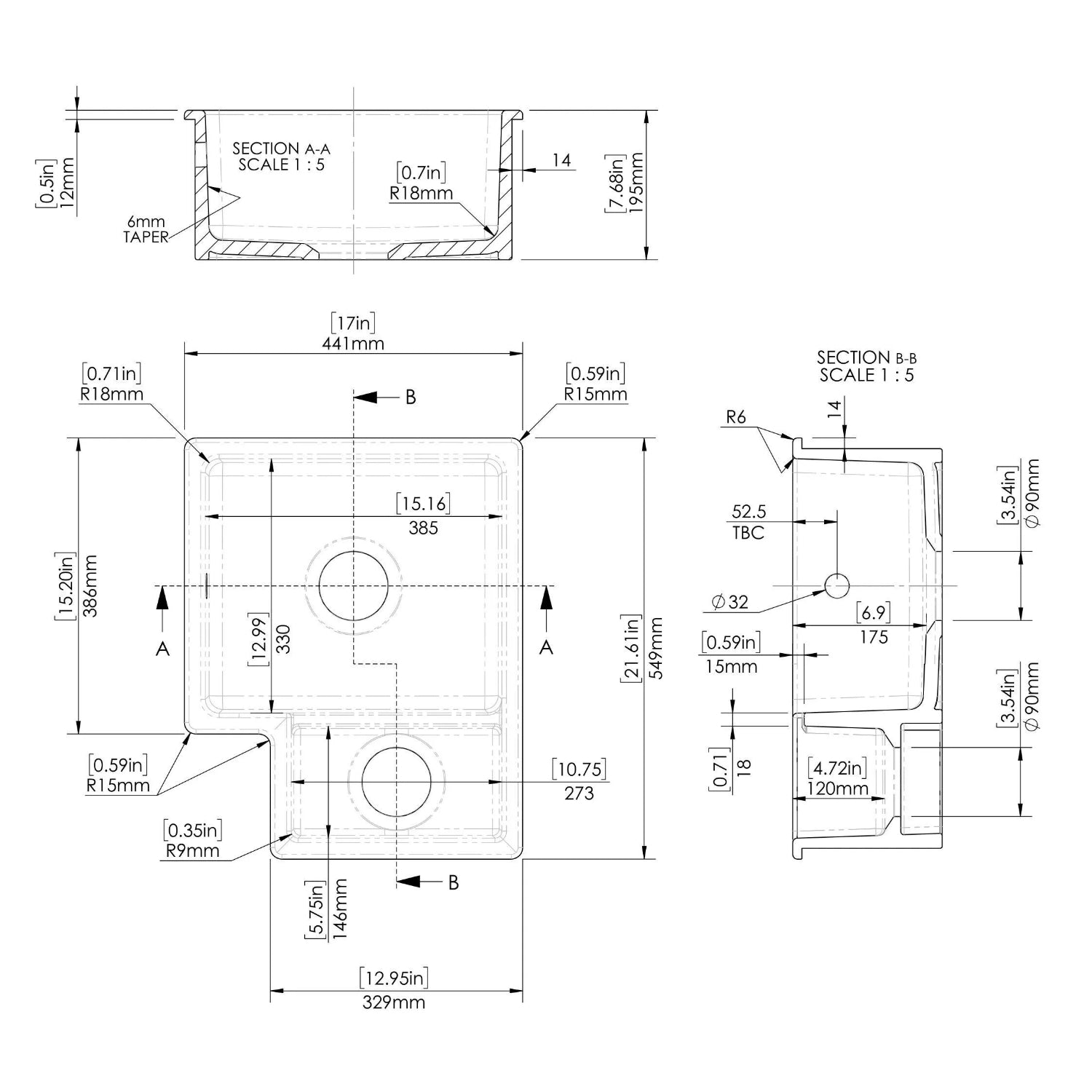 Nuie 579mm 1.5 Bowl Rectangular Inset Sink - White