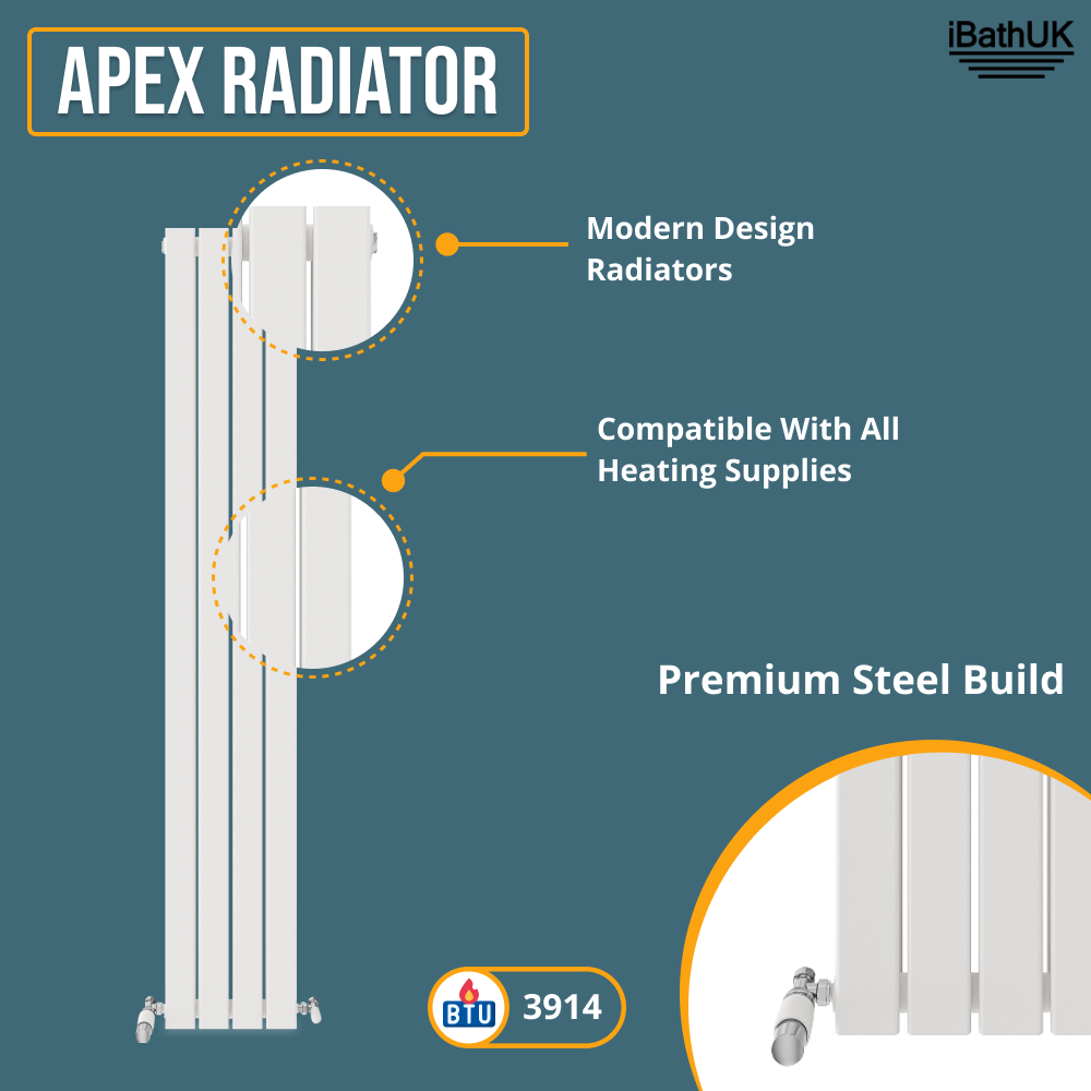 iBathUK Apex Vertical Double Slim Flat Panel Radiator, Designer Radiator, Vertical Radiators