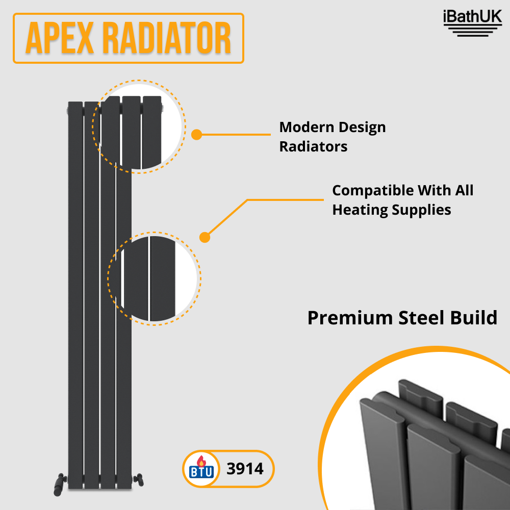 iBathUK Apex Vertical Double Slim Flat Panel Radiator, Designer Radiator, Vertical Radiators