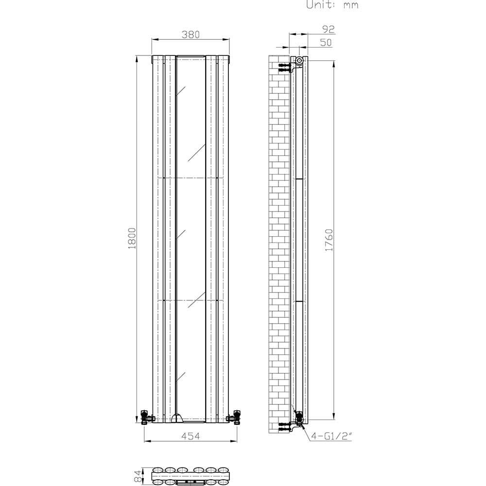 Princia Mirror Radiator - 1800 x 380mm