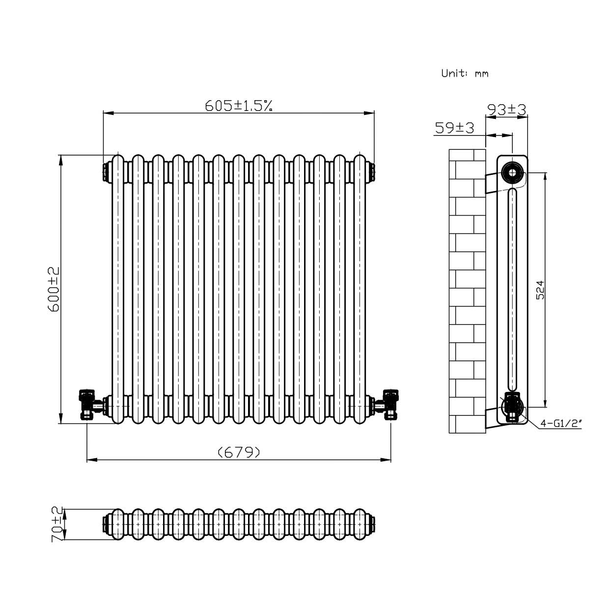 Helena Traditional Horizontal Column Radiator - Raw Metal