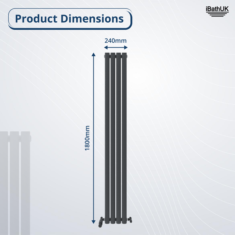 The iBathUK Princia Vertical Single Oval Panel Radiator, in a tall narrow black design (1800mm H x 240mm W), is shown on a light background with Product Dimensions at the top and the iBathUK logo in the upper right corner.