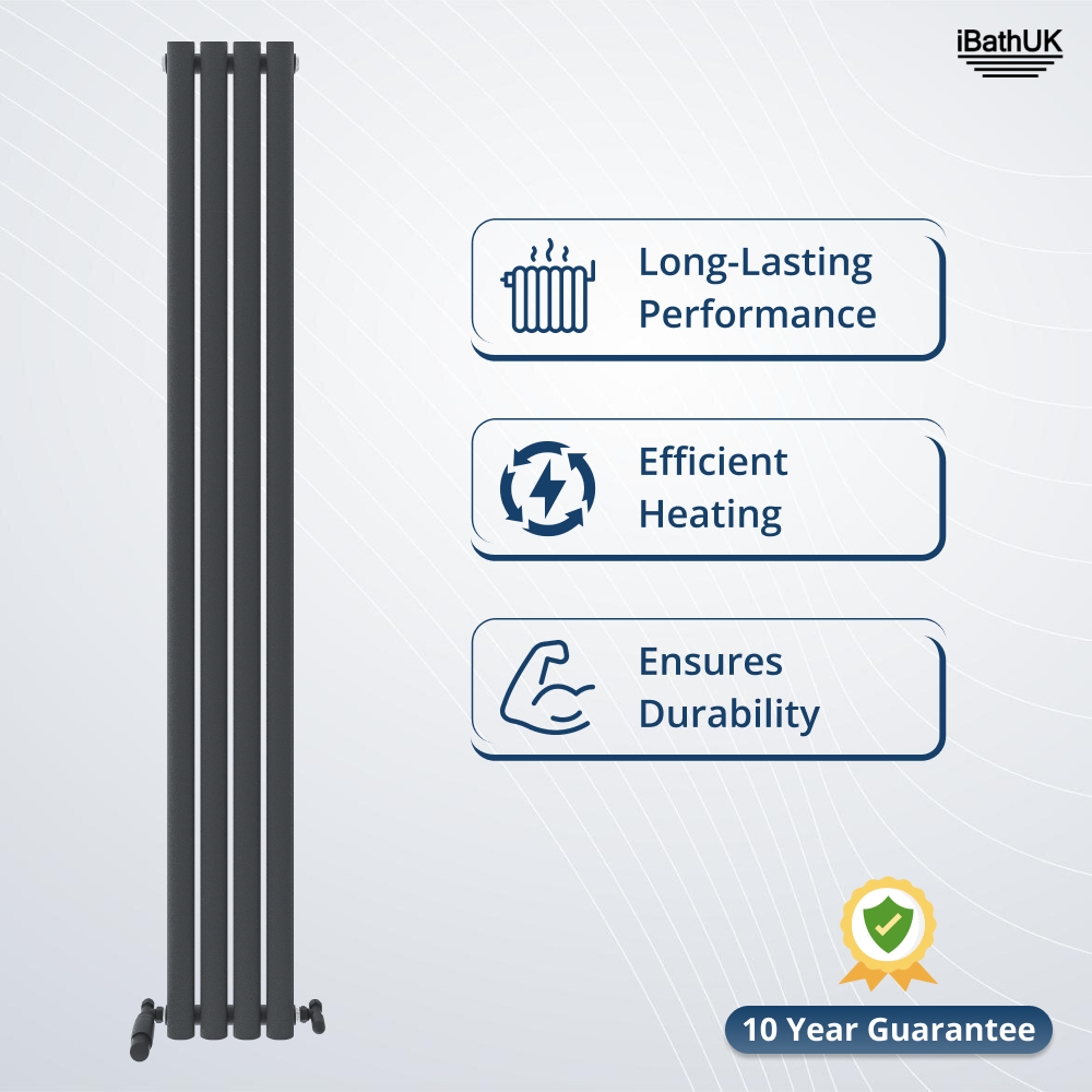 The Princia Vertical Single Oval Panel Radiator by iBathUK, in black, stands beside icons and text showcasing its efficient heating, durable build, and long-lasting performance. A badge notes a 10-year guarantee. The iBathUK logo is at the top right corner.