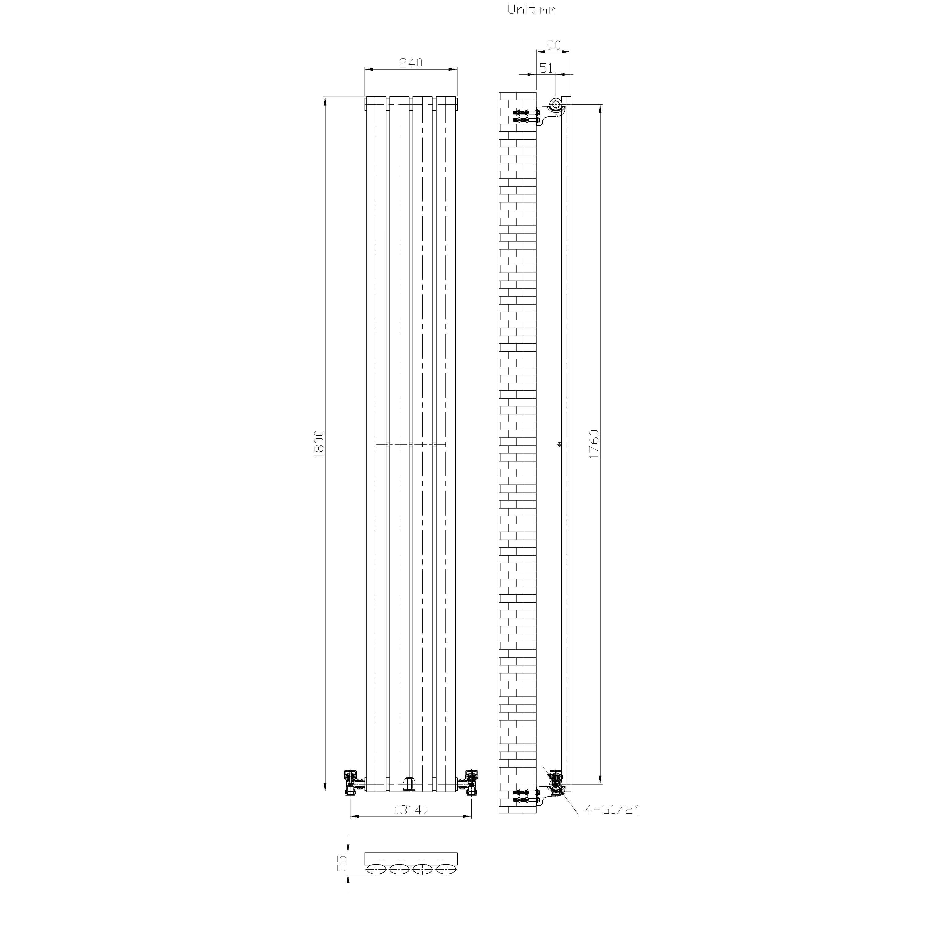Technical drawing of the iBathUK Princia Vertical Single Oval Panel Radiator, tall and rectangular (1800 mm H x 240 mm W x 93 mm D), showing front, side, and bottom views with mounting and pipe details.