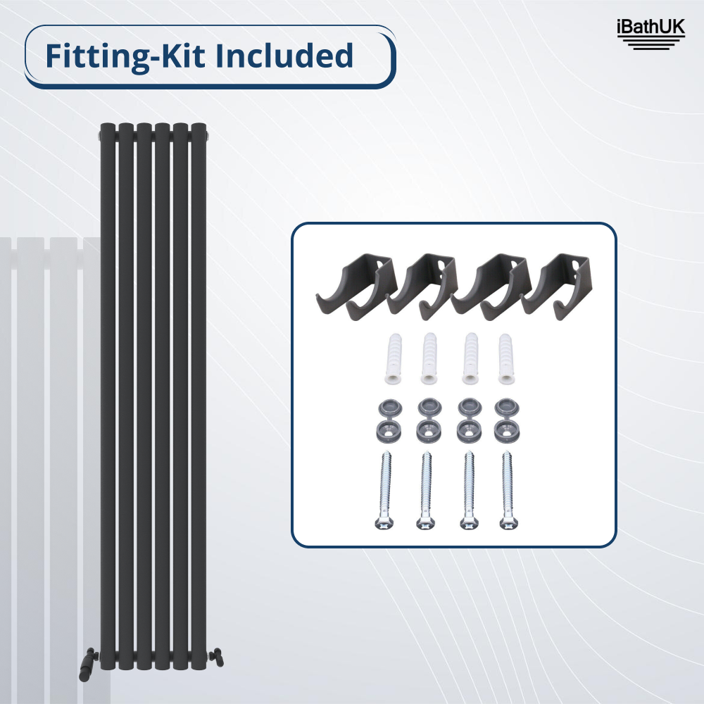 On the left is the iBathUK Princia Vertical Single Oval Panel Radiator in black; on the right, a close-up shows the included fitting kit with four black brackets, wall plugs, washers, and screws. Fitting-Kit Included appears above.
