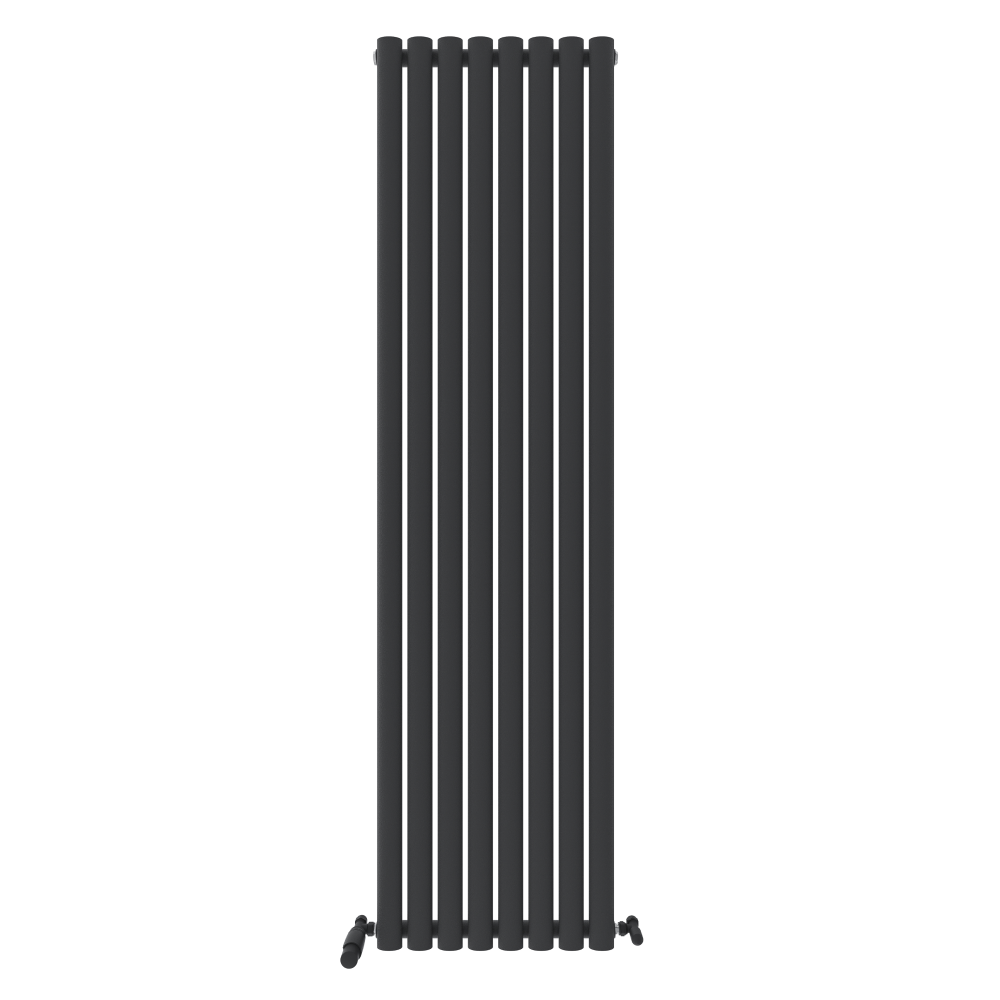 The iBathUK Princia Vertical Single Oval Panel Radiator is a tall, sleek black radiator with eight rounded columns and two valve controls at the base, combining modern style with functionality against a plain white background.