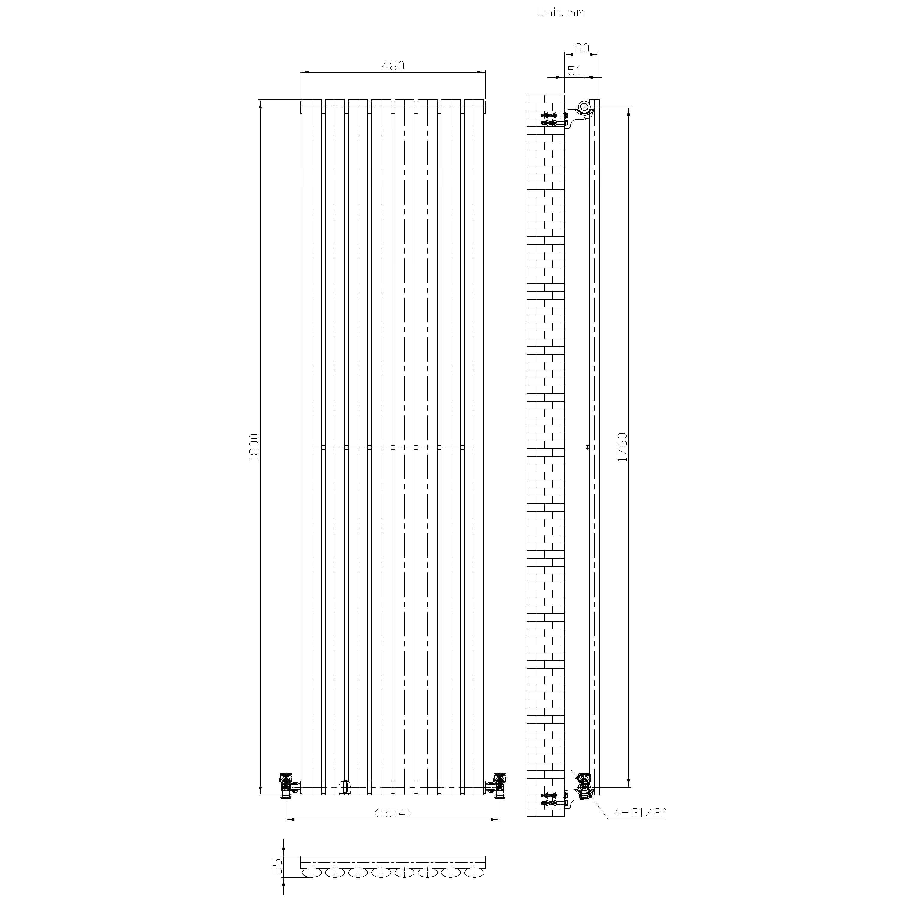 Technical drawing of the Princia Vertical Single Oval Panel Radiator by iBathUK, showing front, side, and bottom views with millimeter measurements. Includes valve positions and mounting brackets.