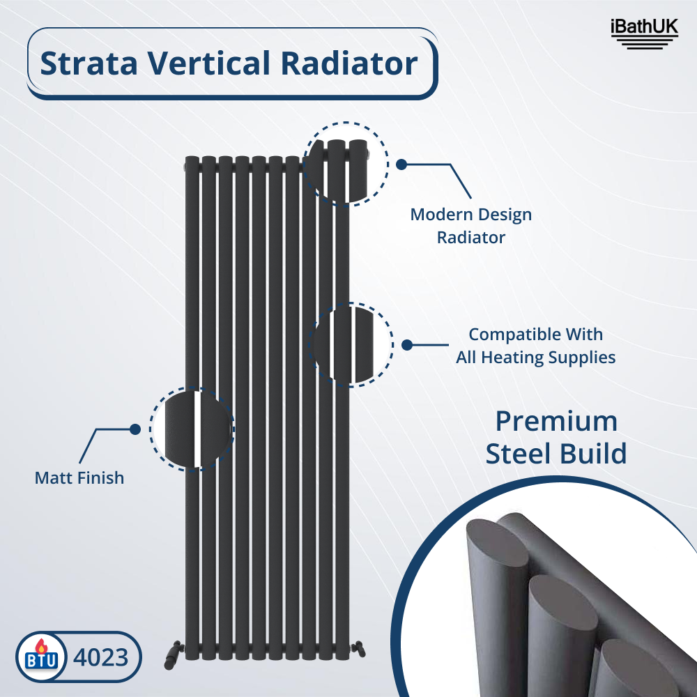 The iBathUK Princia Vertical Single Oval Panel Radiator is a tall, black designer radiator with a matt finish, premium steel build, compatibility with all heating supplies, and a 4023 BTU rating.