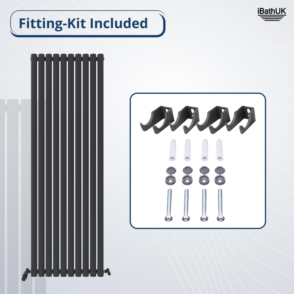 On the left is the Princia Vertical Single Oval Panel Radiator by iBathUK; on the right, a fitting kit with brackets, screws, wall plugs & washers. Text reads ‘Fitting-Kit Included’ with the iBathUK logo—ideal for any modern radiator setup.