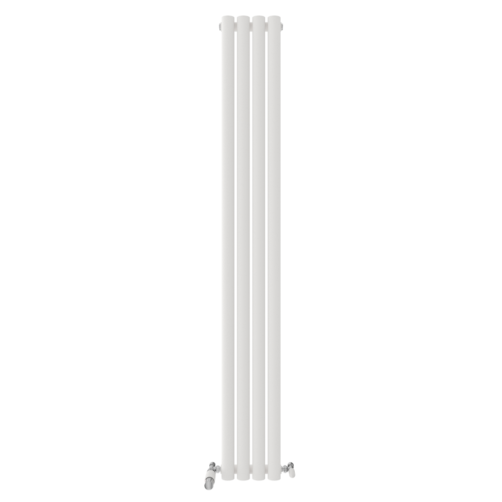 The iBathUK Princia Vertical Single Oval Panel Radiator features a tall white design with three oval columns and two metal valves at the bottom, shown against a plain white background.