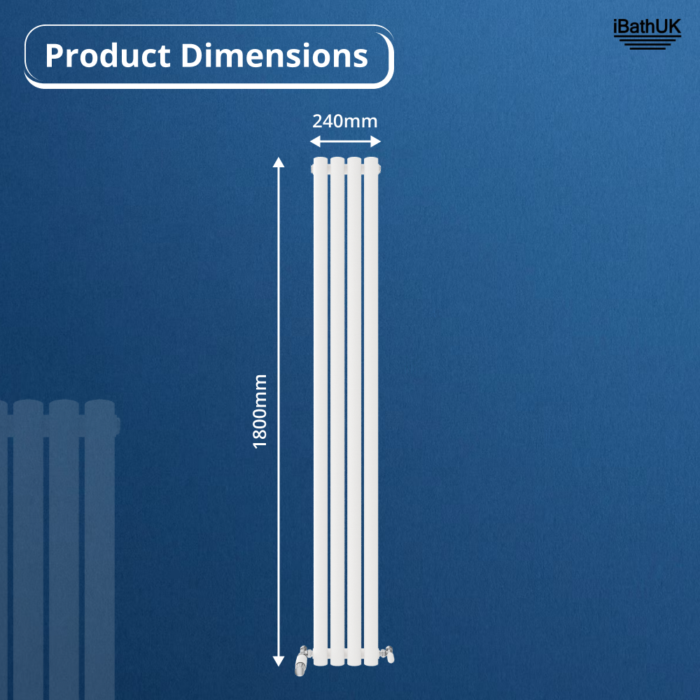 The Princia Vertical Single Oval Panel Radiator by iBathUK, shown on a blue background with the logo at top right, measures 1800mm high x 240mm wide. Product Dimensions appears at the top. This stylish radiator enhances any space efficiently.