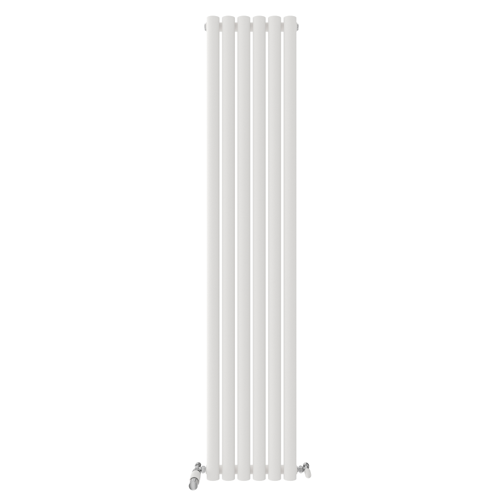 The iBathUK Princia Vertical Single Oval Panel Radiator features five parallel columns and two metal valves, in a tall white design against a plain background, offering a sleek and modern heating solution for any space.