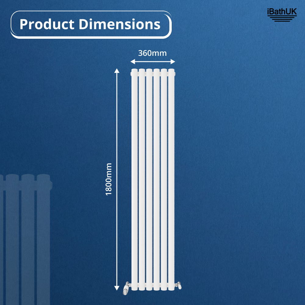 The Princia Vertical Single Oval Panel Radiator by iBathUK, in white with six columns, is displayed against a blue background. This modern radiator measures 360mm wide by 1800mm tall, with Product Dimensions and iBathUK logos at the top.