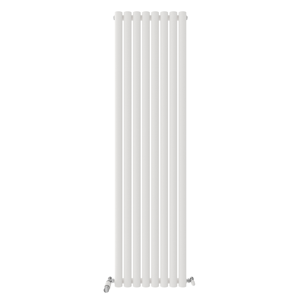 The iBathUK Princia Vertical Single Oval Panel Radiator is a tall, white, floor-mounted radiator with seven rounded columns and two small valves at the bottom corners.