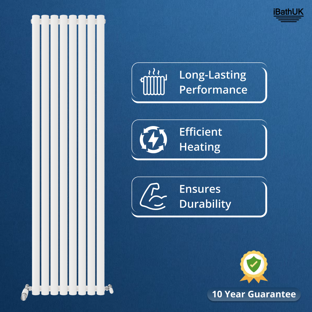 The Princia Vertical Single Oval Panel Radiator by iBathUK is shown on a blue background. Icons emphasize its efficient heating, durability, and long-lasting performance, while a badge highlights its 10-year guarantee. iBathUK logo appears top right.