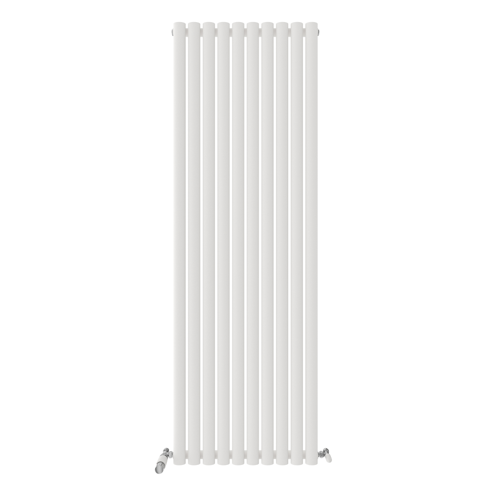 The iBathUK Princia Vertical Single Oval Panel Radiator is a tall, white designer radiator with eight rounded columns and two metal valves at the bottom, shown against a plain white background.