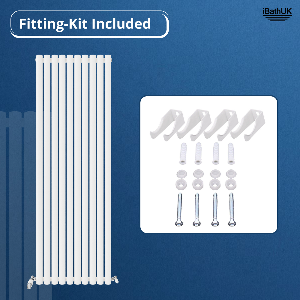 The Princia Vertical Single Oval Panel Radiator by iBathUK is shown on a blue background with its fitting kit—brackets, wall plugs, washers, bolts, and screws—labeled in a box. The iBathUK logo appears at the top right of this modern setup.