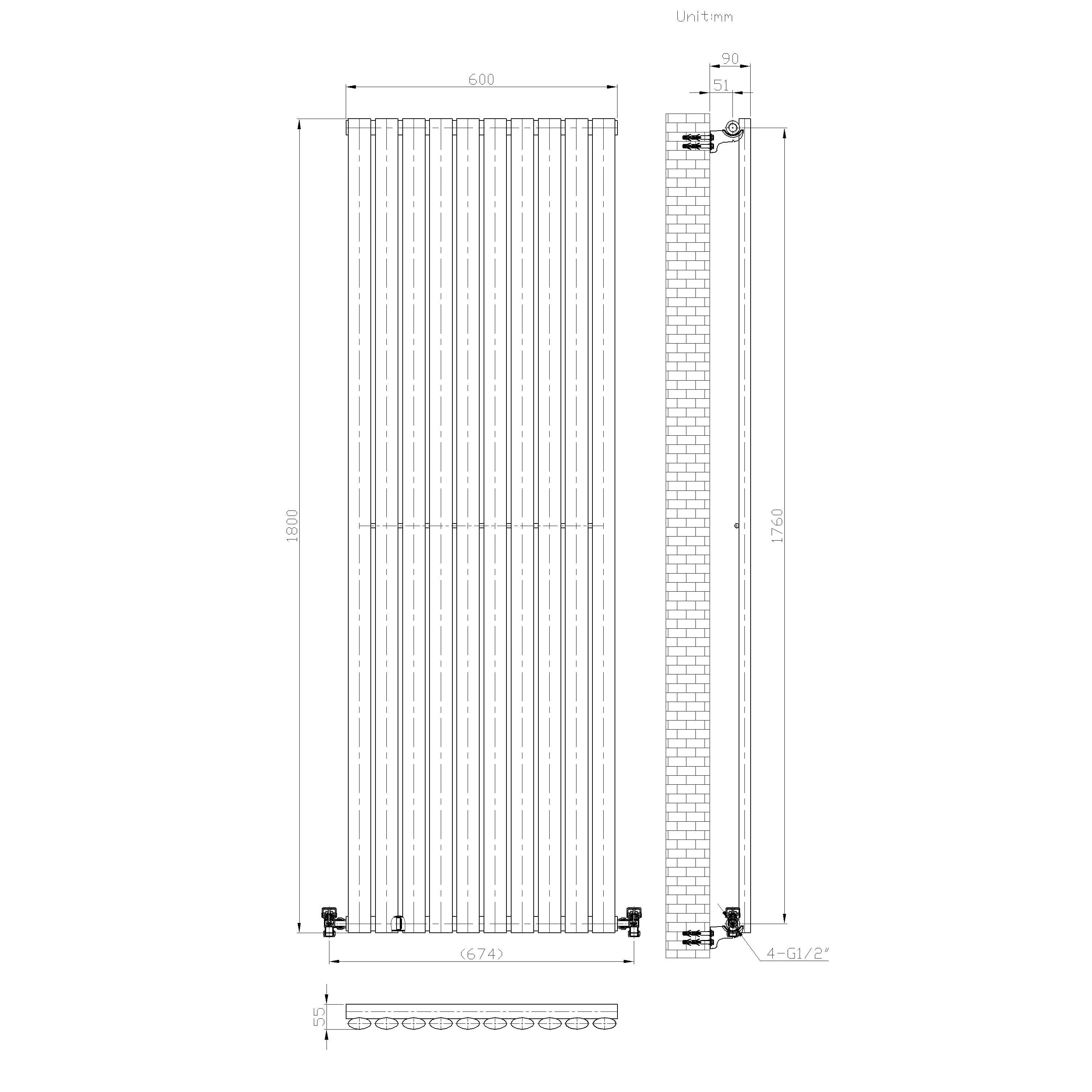 Technical drawing of the iBathUK Princia Vertical Single Oval Panel Radiator showing front, side, and bottom views. Dimensions: 1800 mm height, 600 mm width. Labeled measurements and valve connections shown at the base.