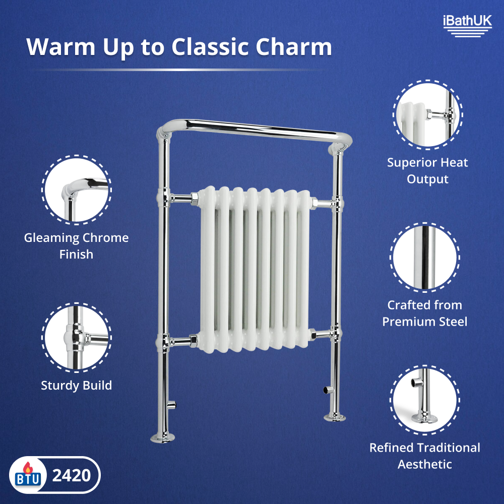 Traditional Vertical Heated Towel Radiator - Chrome/White