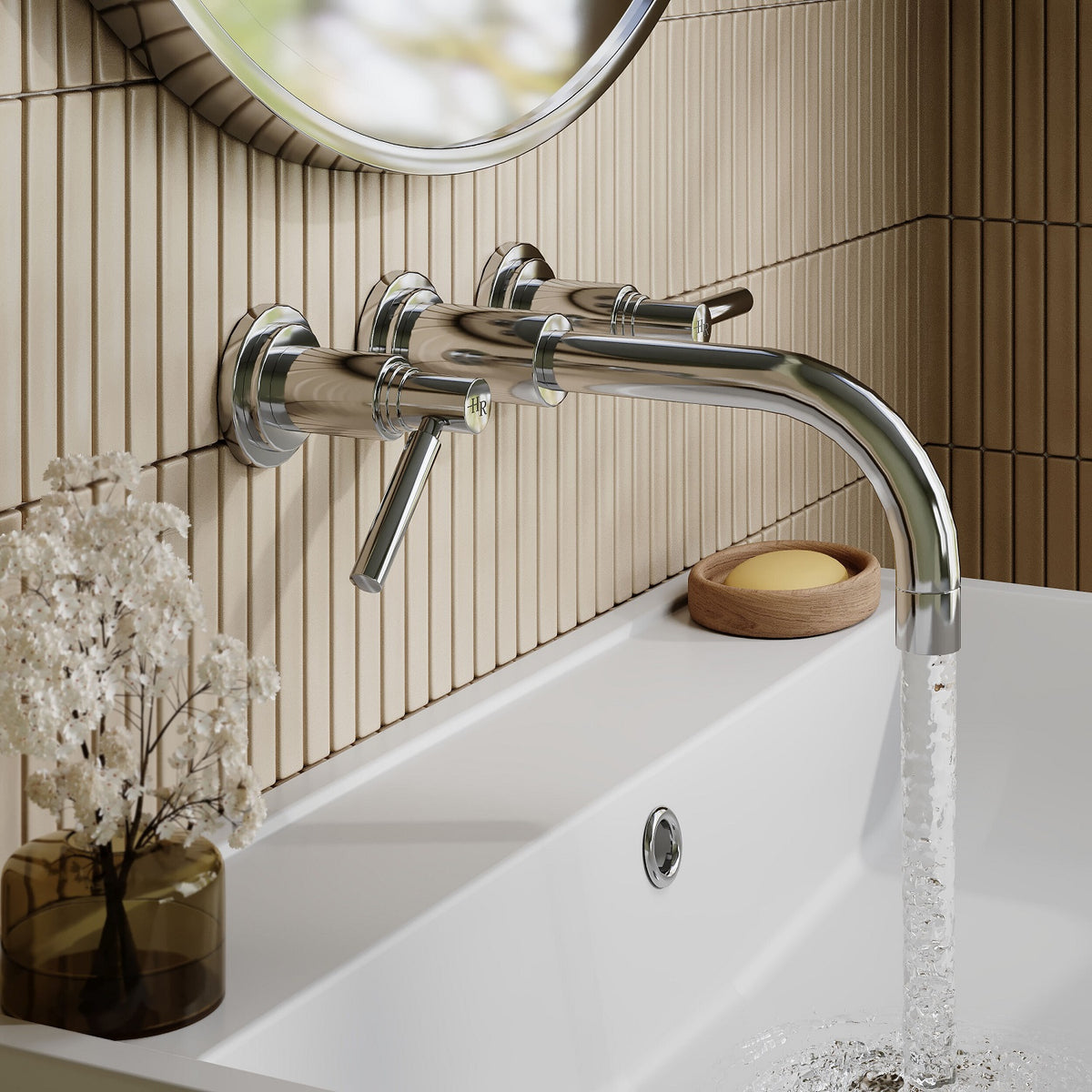 Meander 3 Hole Lever Handle Wall Mounted Basin Mixer Tap