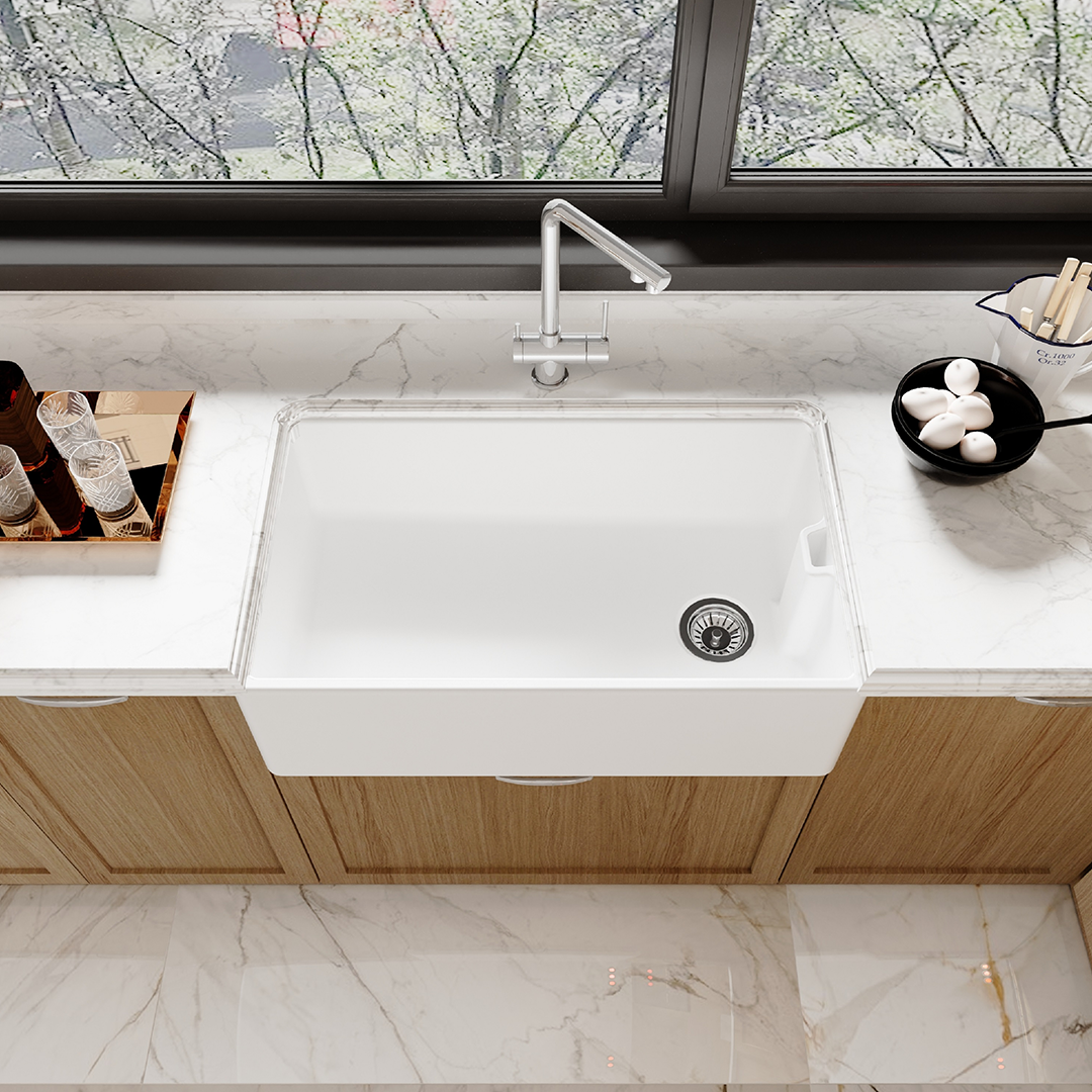 Nuie Belfast Sink, Large White Fireclay Kitchen Sink with Classic Design and Generous Bowl Capacity, 795 x 460 x 245mm