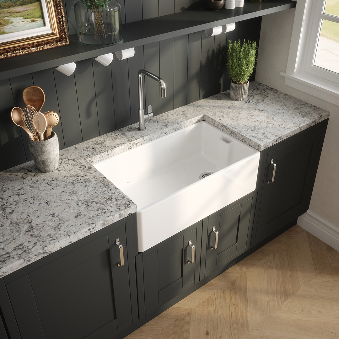 Nuie Belfast Sink, Large White Fireclay Kitchen Sink with Classic Design and Generous Bowl Capacity, 795 x 460 x 245mm
