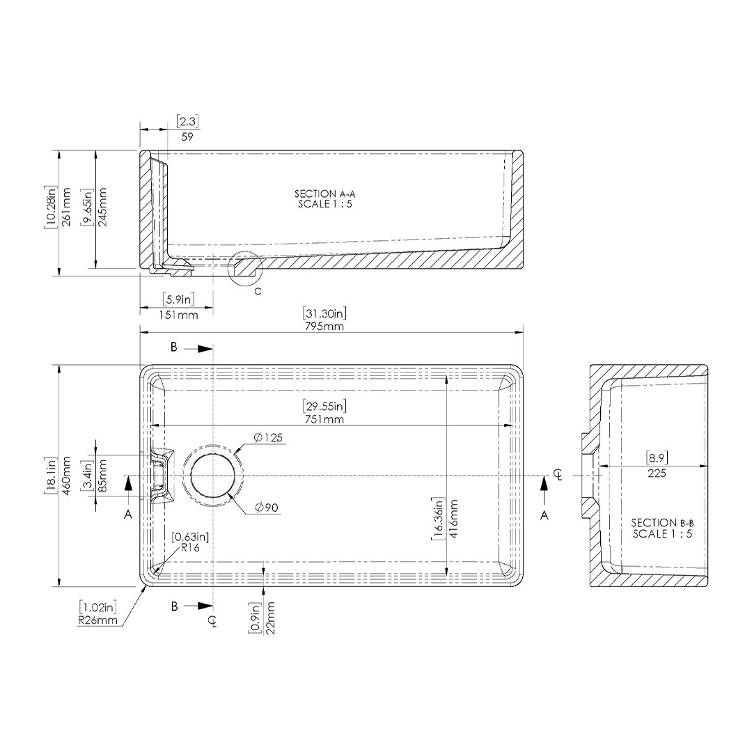Nuie Belfast Sink, Large White Fireclay Kitchen Sink with Classic Design and Generous Bowl Capacity, 795 x 460 x 245mm