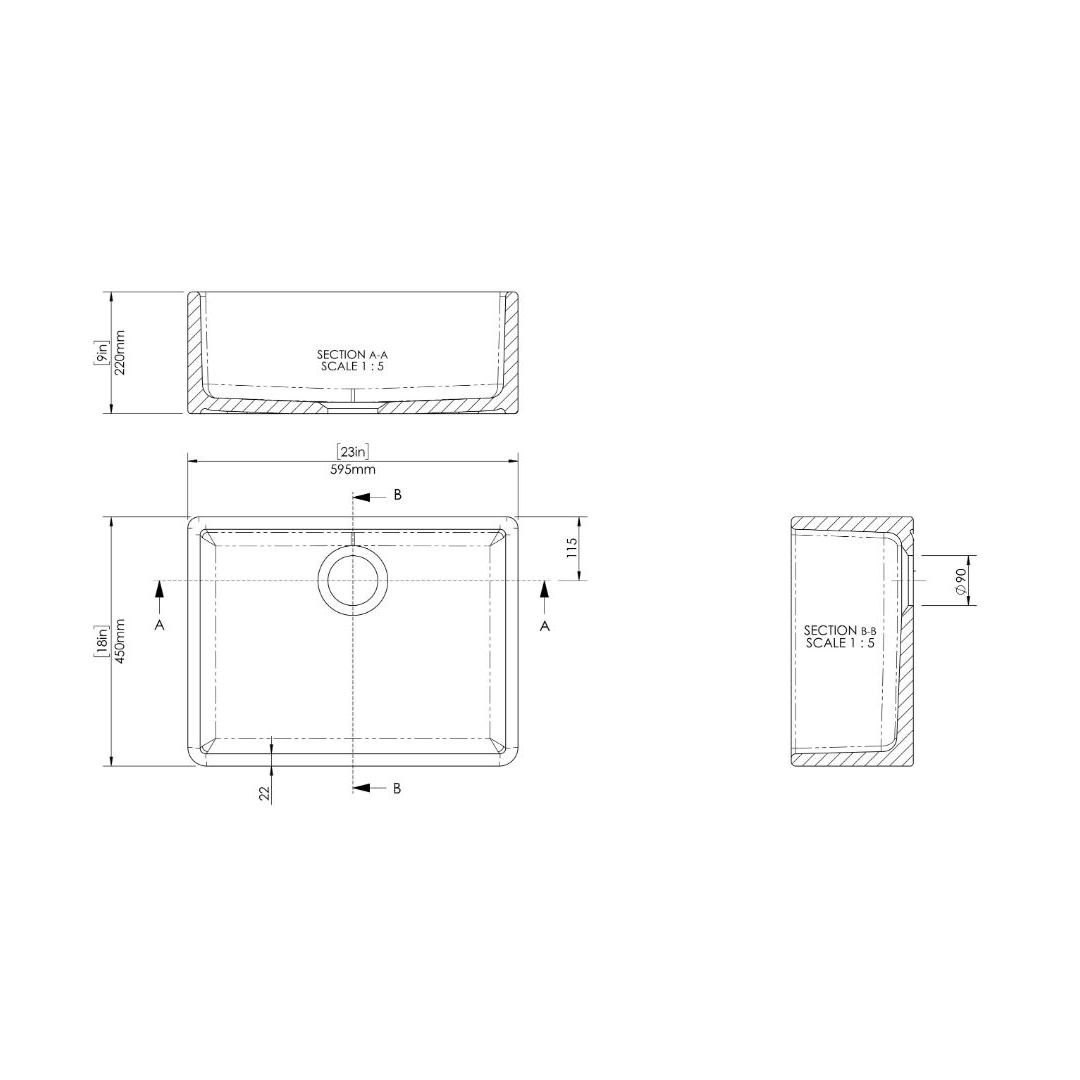 Nuie Butler Sink, Classic White Fireclay Kitchen Sink for Timeless Elegance, 595mm x 450mm x 220mm