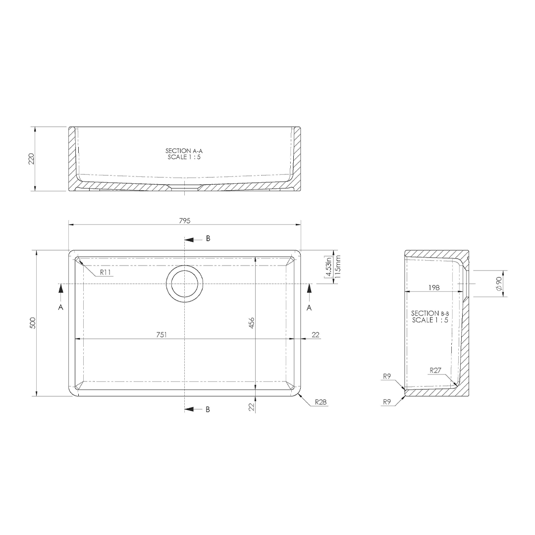 Nuie Butler Sink, Classic White Fireclay Kitchen Sink for Timeless Elegance, 595mm x 450mm x 220mm