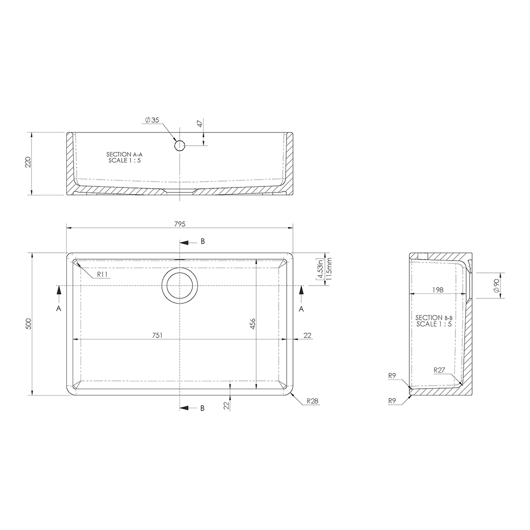 Nuie Butler Sink with Overflow, Classic White Fireclay Kitchen Sink for Timeless Elegance, 595mm x 450mm x 220mm