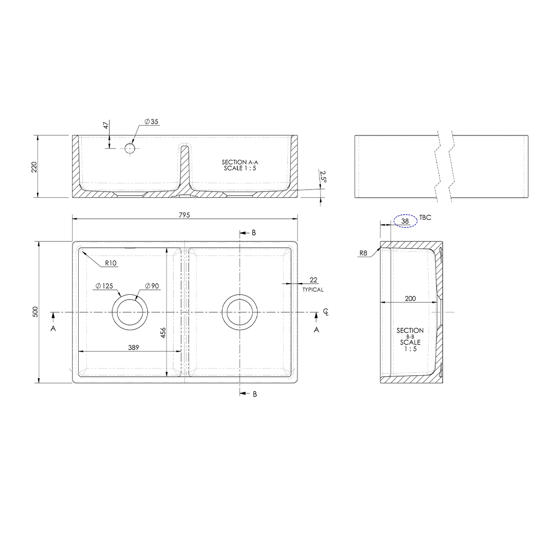 Nuie Butler Sink Stepped Weir & Overflow, Classic White Fireclay Kitchen Sink for Timeless Elegance, 795x500x220mm