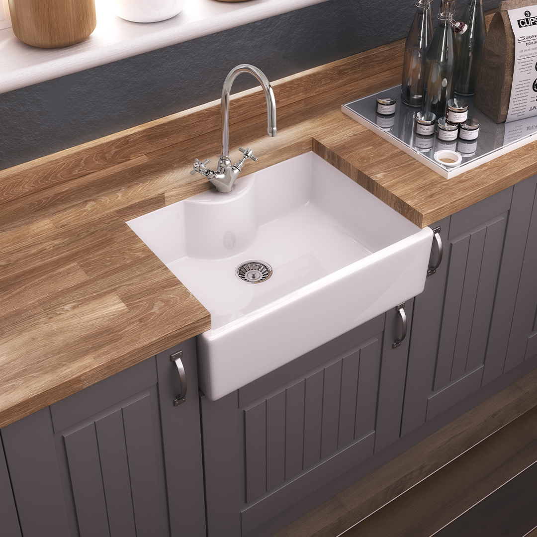 Nuie Butler Sink comes with Tap Ledge, Classic White Fireclay Kitchen Sink for Timeless Elegance, 595x450x220mm