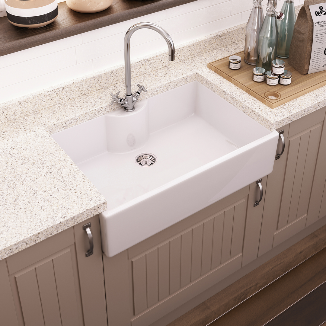 Nuie Butler Sink with Tap Ledge, Classic White Fireclay Kitchen Sink for Timeless Elegance, 795x500x220mm