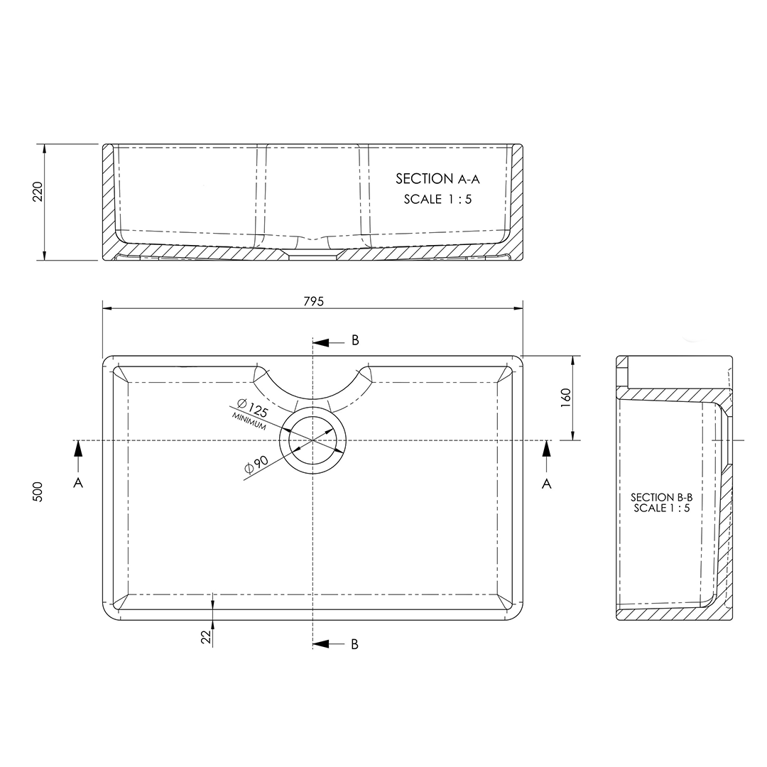 Nuie Butler Sink with Tap Ledge, Classic White Fireclay Kitchen Sink for Timeless Elegance, 795x500x220mm