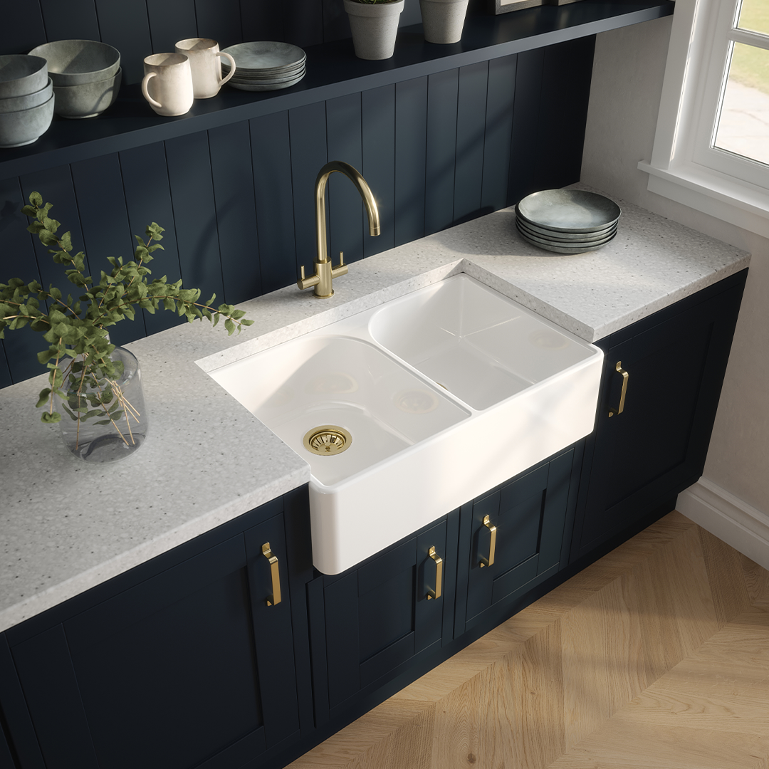 Nuie Butler Sink Flush Weir, Classic White Fireclay Kitchen Sink for Timeless Elegance, 795x500x220mm