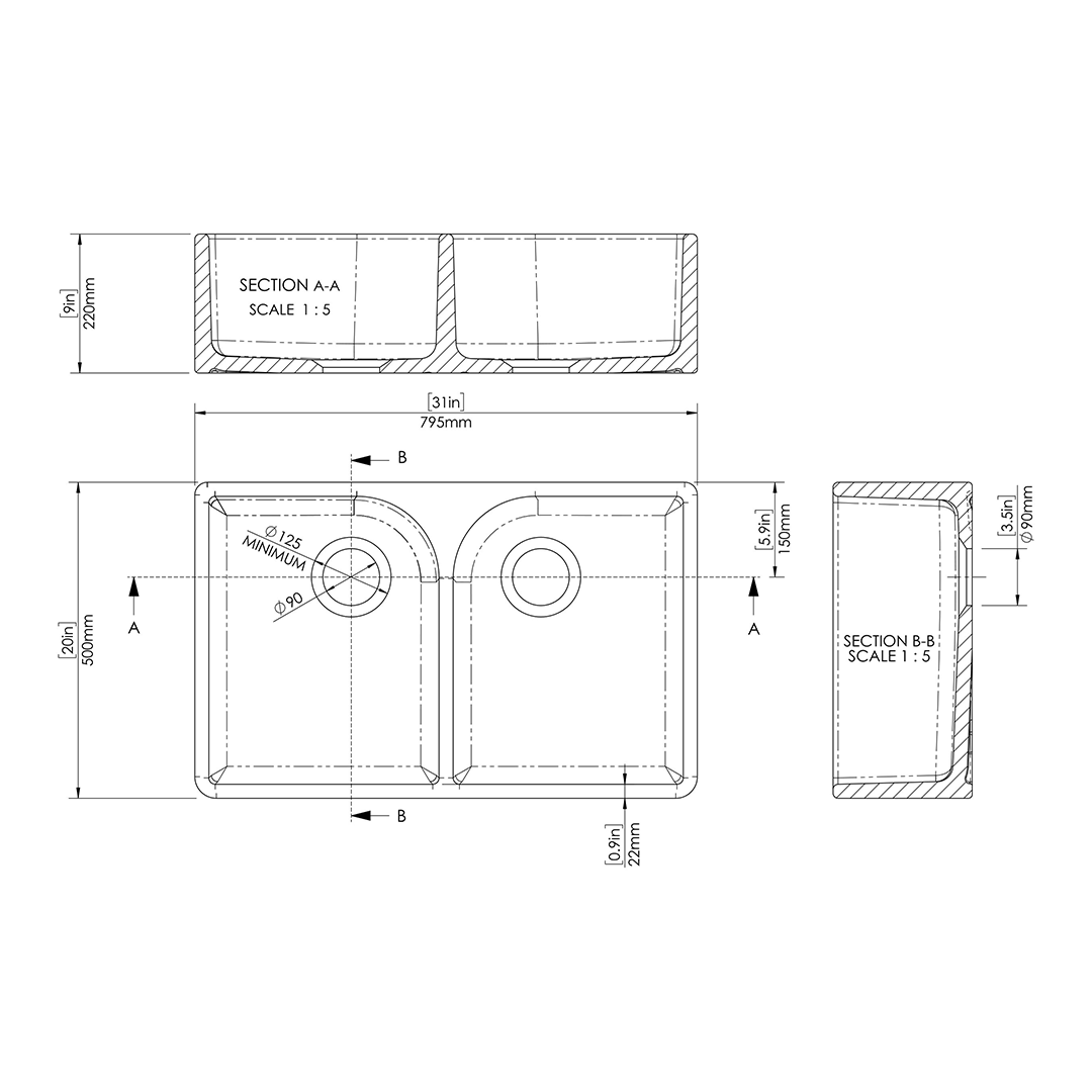 Nuie Butler Sink Flush Weir, Classic White Fireclay Kitchen Sink for Timeless Elegance, 795x500x220mm