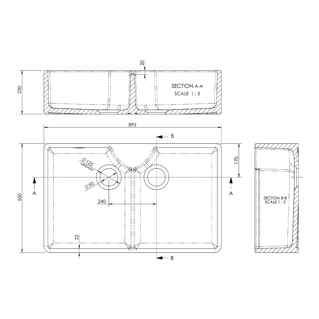 Nuie Butler Sink Stepped Weir, Classic White Fireclay Kitchen Sink for Timeless Elegance, 895 x 550 x 220mm