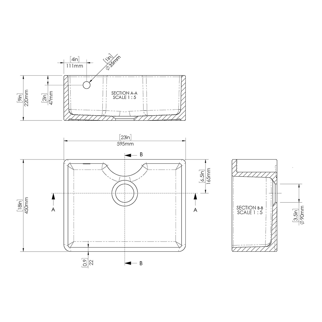 Nuie Butler Sink with Overflow and Tap Ledge, Classic White Fireclay Kitchen Sink for Timeless Elegance, 595 x 450 x 220mm
