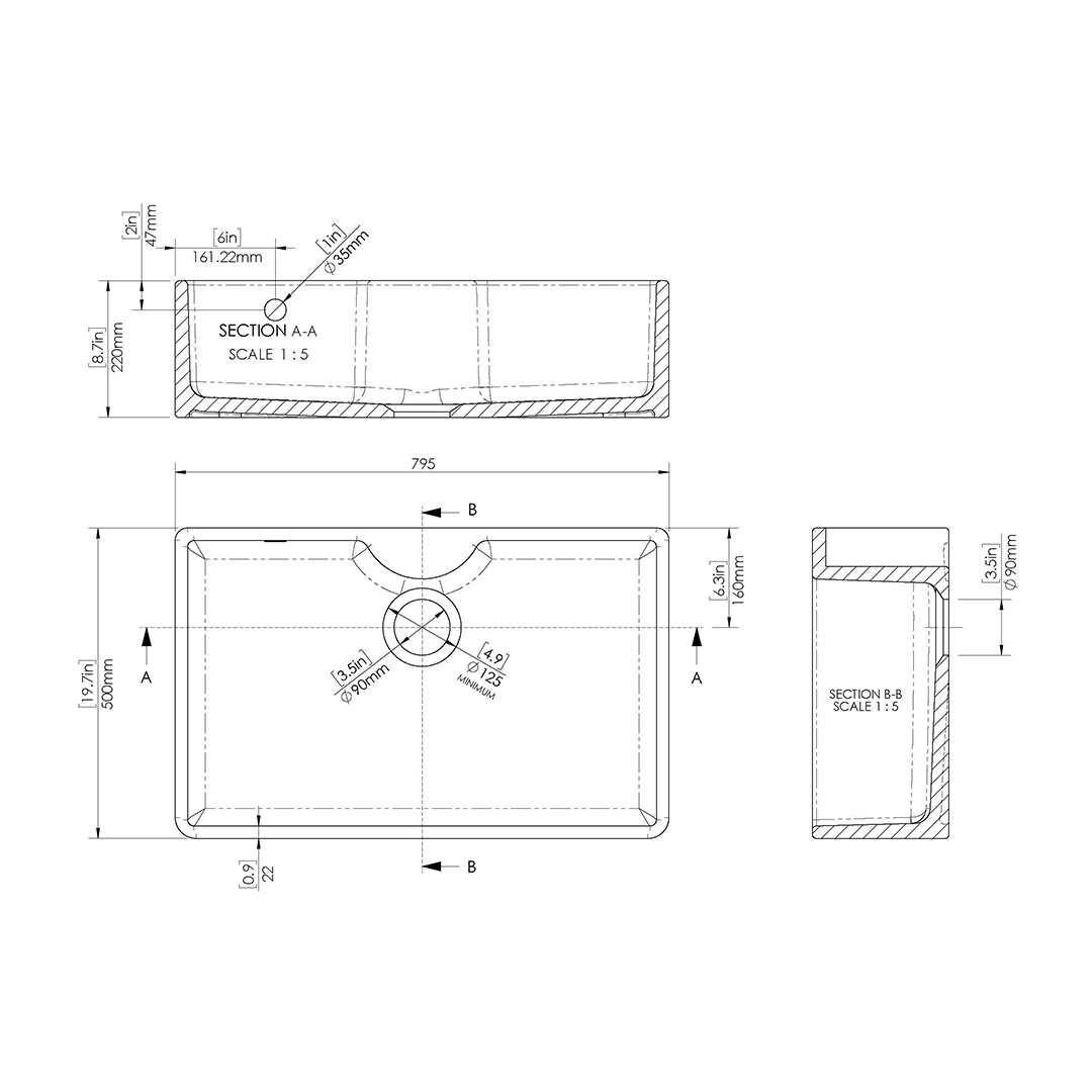 Nuie Butler Sink with Overflow and Tap Ledge, Classic White Fireclay Kitchen Sink for Timeless Elegance, 795 x 500 x 220mm