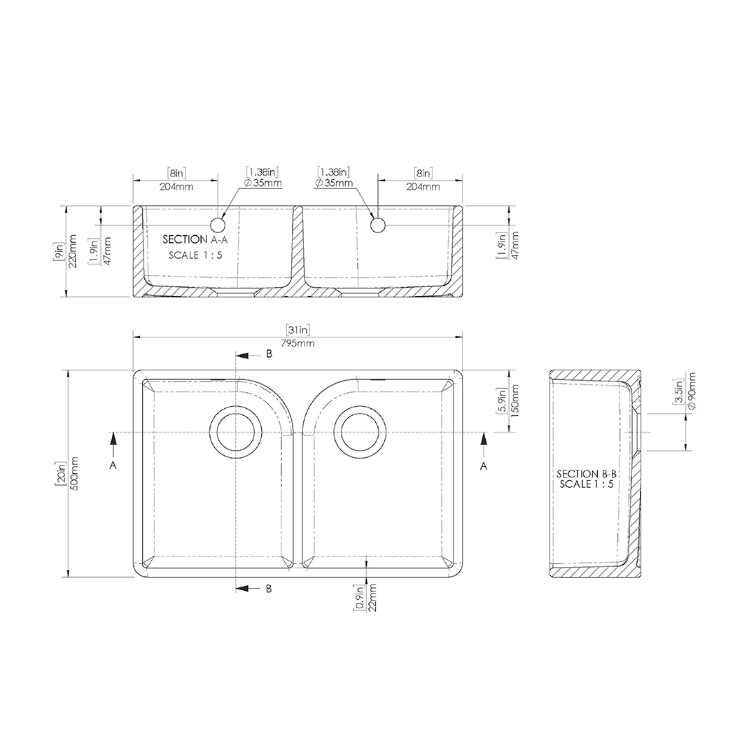 Nuie Butler Sink Flush Weir & Overflow, Classic White Fireclay Kitchen Sink for Timeless Elegance, 795x500x220mm