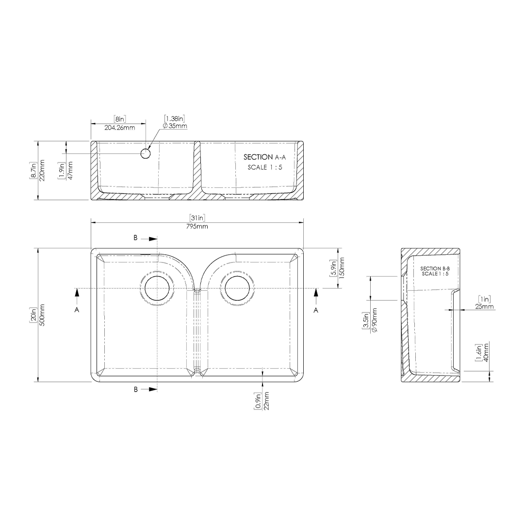 Nuie Butler Sink Stepped Weir & Overflow, Classic White Fireclay Kitchen Sink for Timeless Elegance, 795x500x220mm