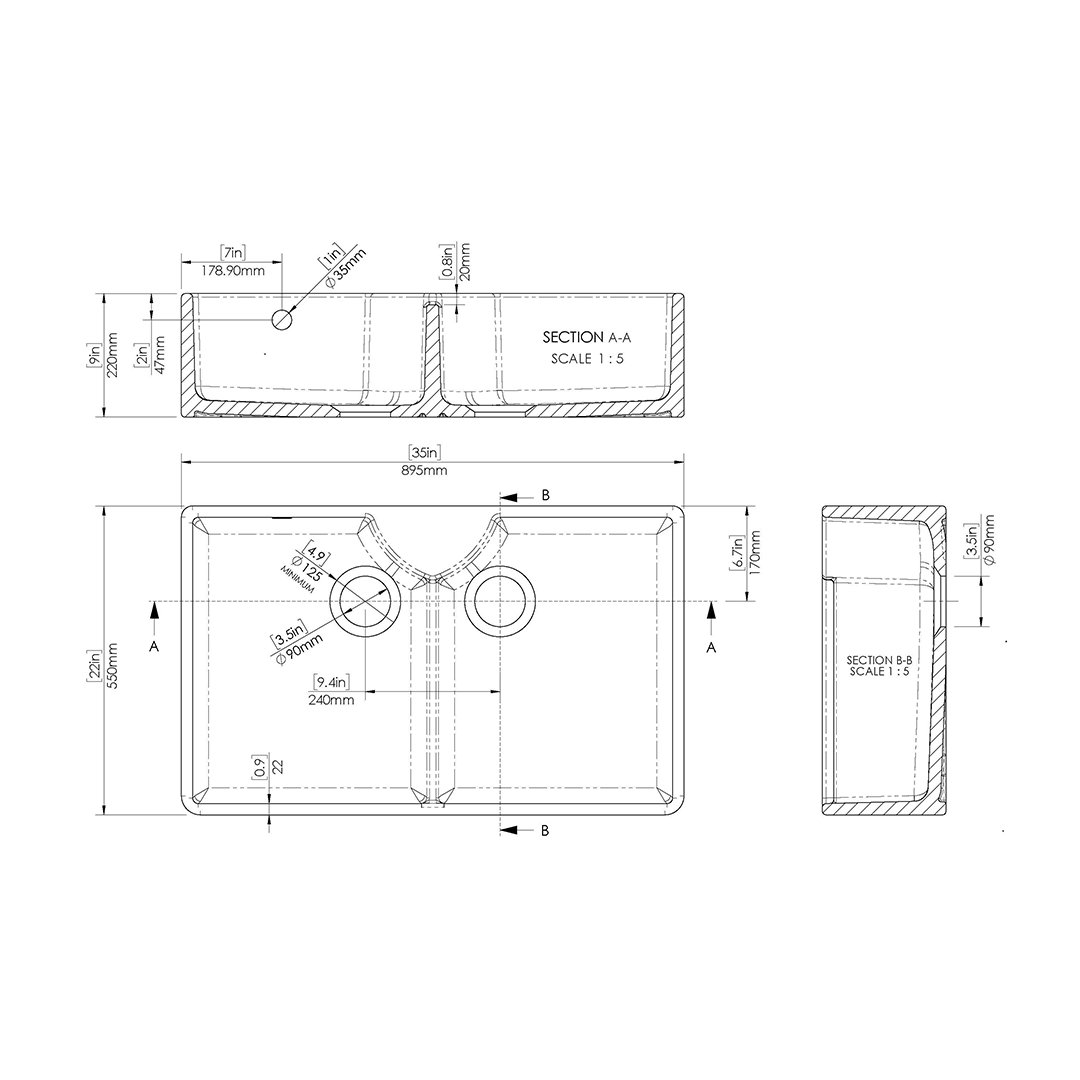 Nuie Butler Sink Stepped Weir & Overflow, Classic White Fireclay Kitchen Sink for Timeless Elegance, 895 x 550 x 220mm