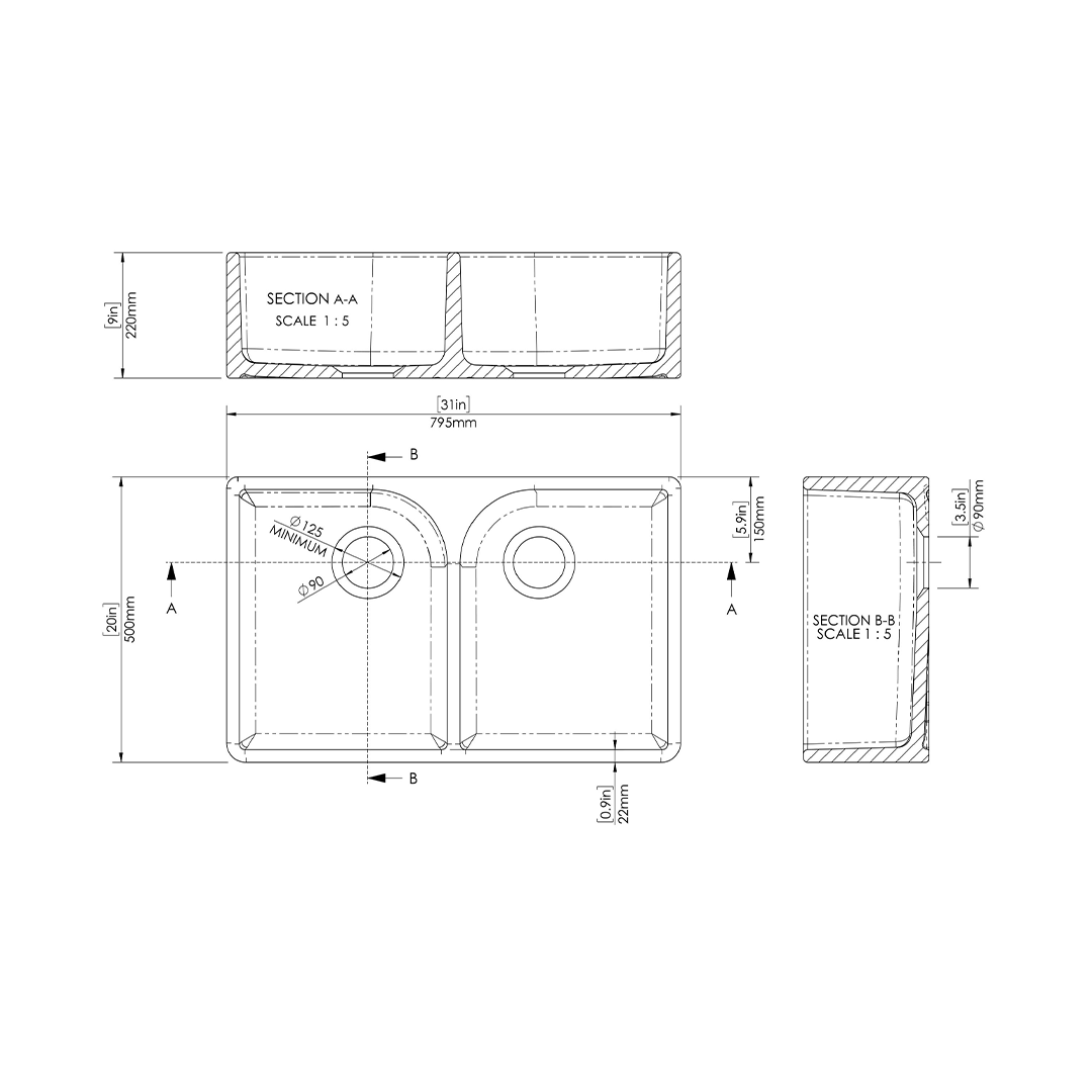 Nuie Butler Sink Flush Weir, Premium Soft Black Fireclay Kitchen Sink for Timeless Elegance, 795x500x220mm