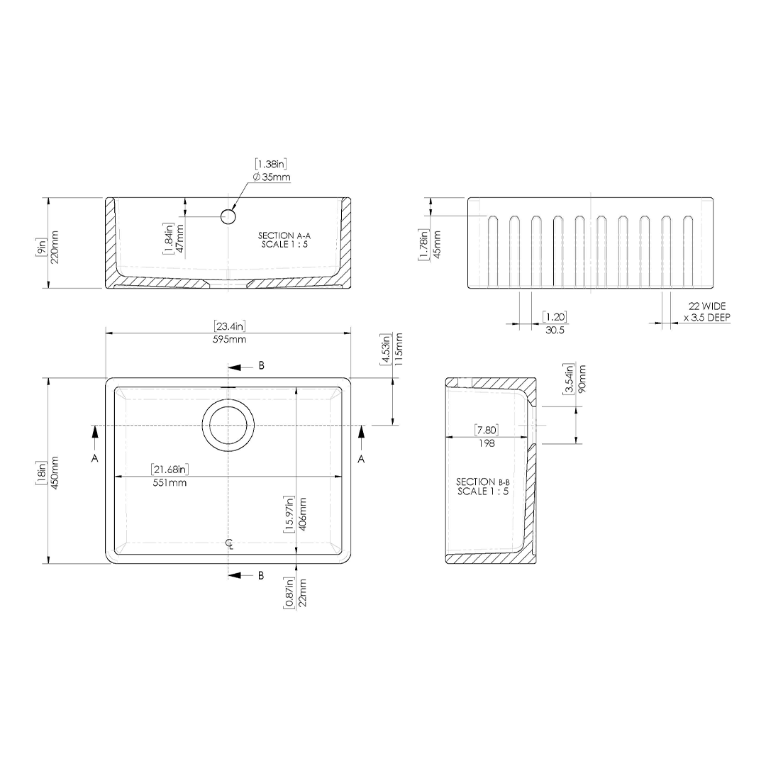 Nuie Butler Sink Fluted with Overflow, Classic White Fireclay Kitchen Sink for Timeless Elegance, 595mm x 450mm x 220mm